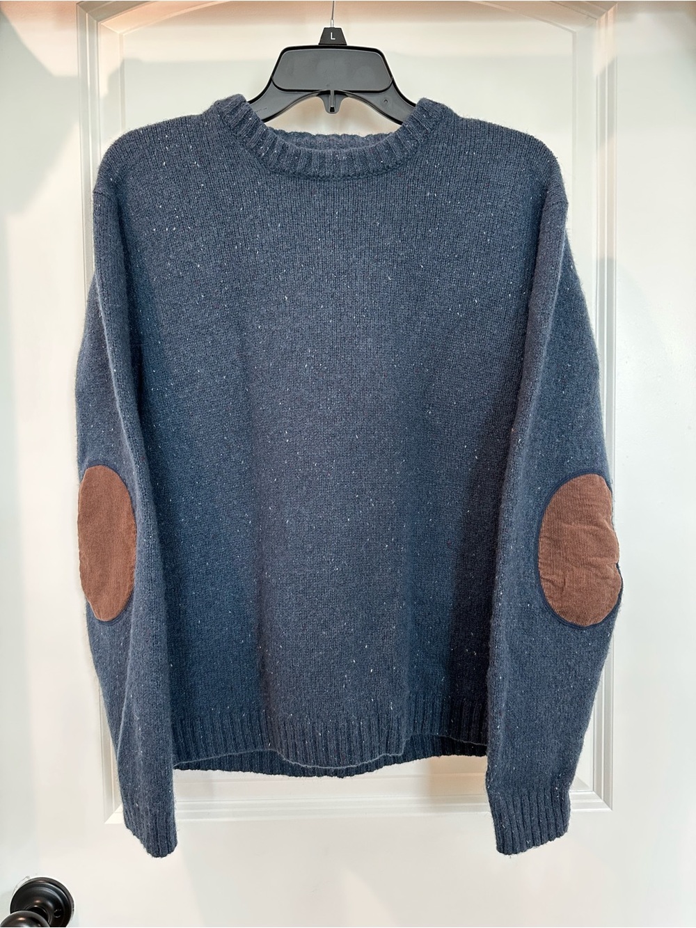 Line of Trade Navy Crewneck Sweater with Brown Elbow Patches